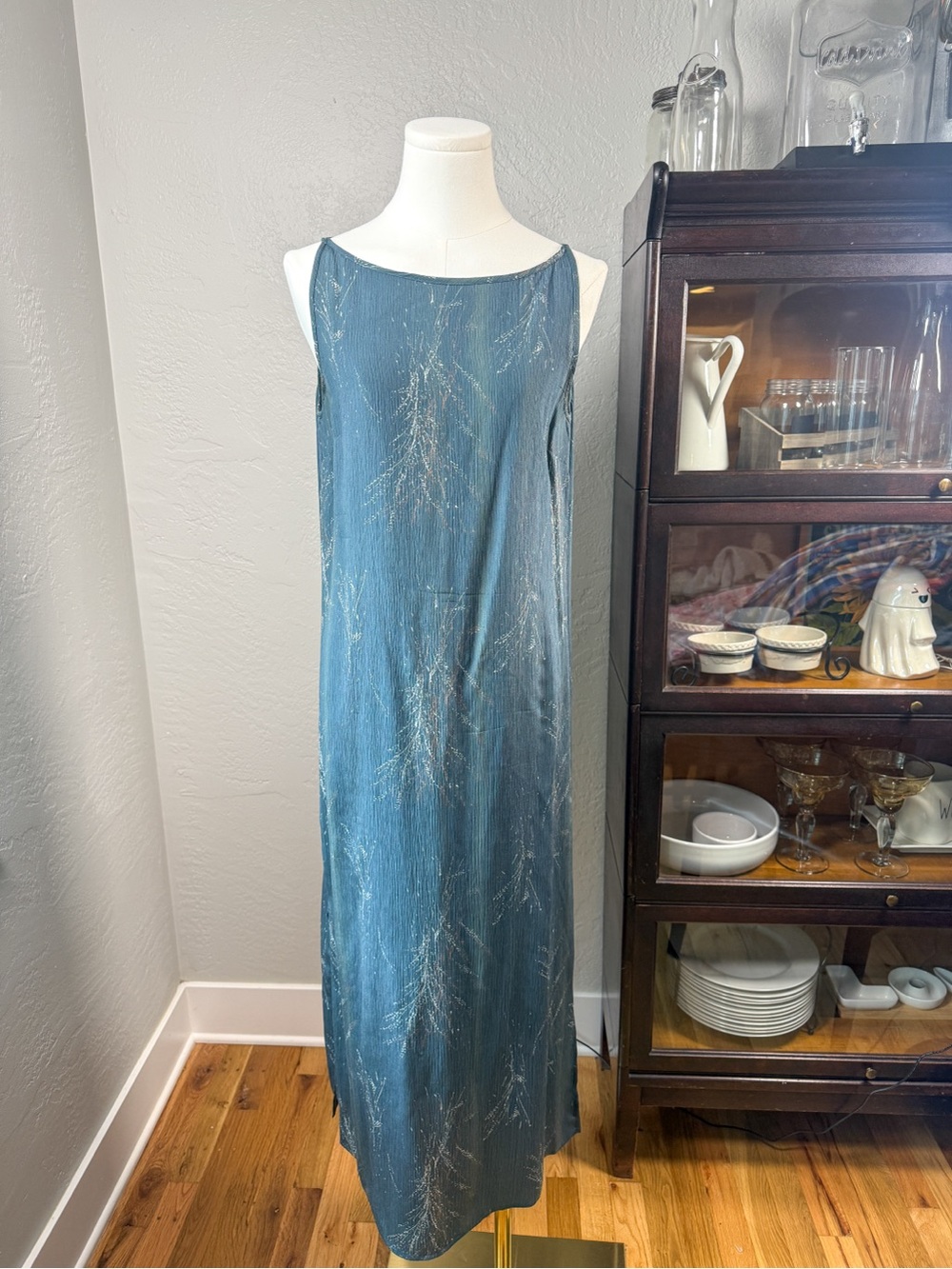 Amanda Smith Petites Pure Silk Blue Metallic Print Maxi Dress Size M Petite